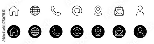 Contact us icon. Web icons set , home, location, call, at, email, address, globe, chat, message, mail, envelope, telephone, name, user, website, icon . communication contact icon. editable stroke