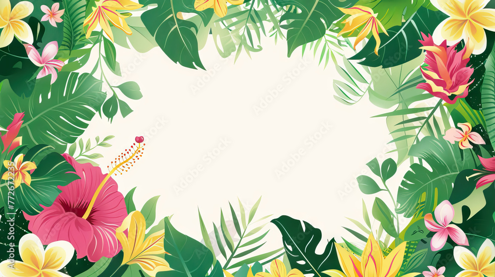 summer border with blooming plants, beautiful flora and leaves decoration on white background with copy space.