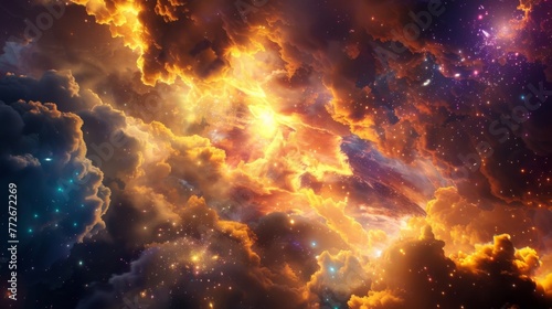 The universe is ablaze with a cosmic fireworks show as colorful explosions and shimmering dust clouds light up the sky.