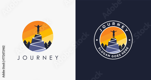 Woman on a mountain peak logo, freedom logo icon vector template