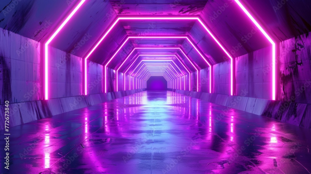 Vibrant pink lights in futuristic tunnel - An image showcasing a modern futuristic tunnel illuminated by radiant pink and purple lights reflecting on a wet floor