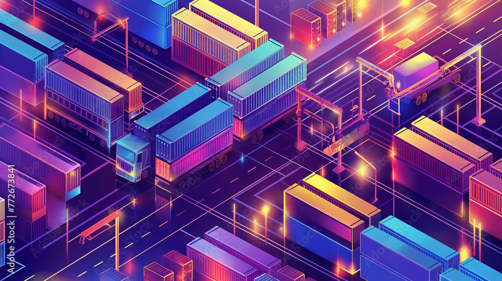 illustration of Logistics and transportation, Integrated warehousing and transportation operation service. Network distribution of Container Cargo, Smart logistics and future of transport on global ne illustration of Logistics and transportation, Integrated warehousing and transportation operation service. Network distribution of Container Cargo, Smart logistics and future of transport on global ne
