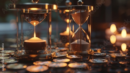 Vintage hourglass on a table with blur candles - Close-up of a classic hourglass with glowing candles in the background, creating a warm, reflective mood