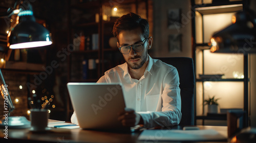 Young handsome businessman using laptop at his office desk.