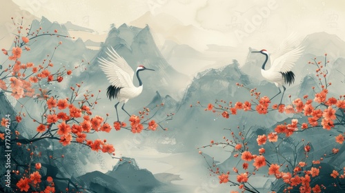 Japanese white cranes with red flowers photo