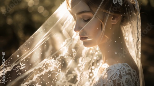 A delicate lace veil, its intricate patterns shimmering in the sunlight, casting dappled shadows on a blushing bride's face.