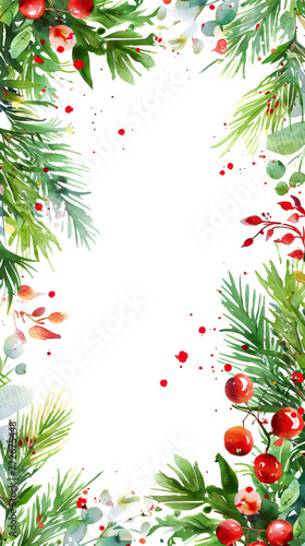 green fir branches and berries border frame on white vertical background with copy space.