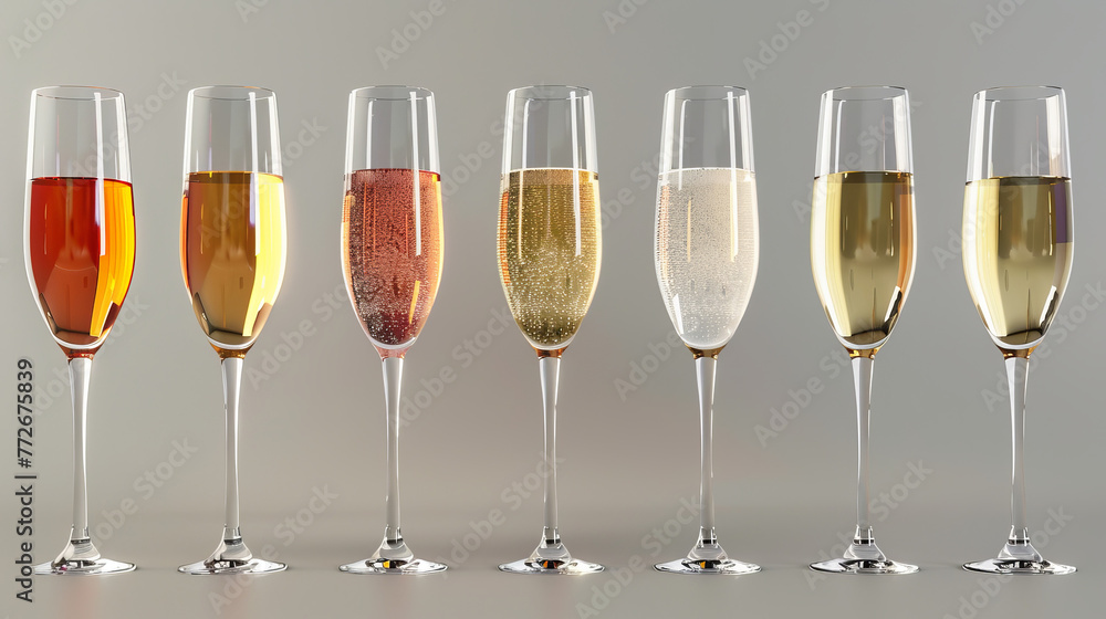 An assortment of sparkling wines in different shades of color are presented in sleek glasses, highlighting the blank label concept An assortment of sparkling wines in different shades of color are presented in sleek glasses, highlighting the blank label concept
