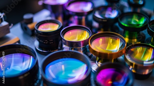 The engineering behind lens elements arranged on a lab bench photo