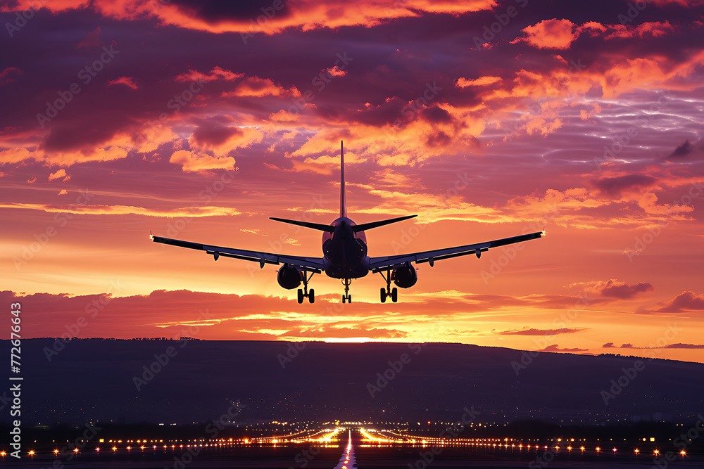Airplane silhouette flying against a vibrant pink and orange sunset sky, preparing for landing. Generative AI Airplane silhouette flying against a vibrant pink and orange sunset sky, preparing for landing. Generative AI