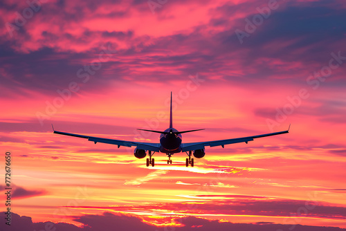 Airplane silhouette flying against a vibrant pink and orange sunset sky  preparing for landing. Generative AI
