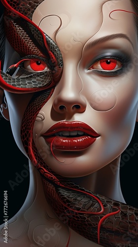 Paint a hyper-realistic portrait of the serpent tempting Eve retrofuturism