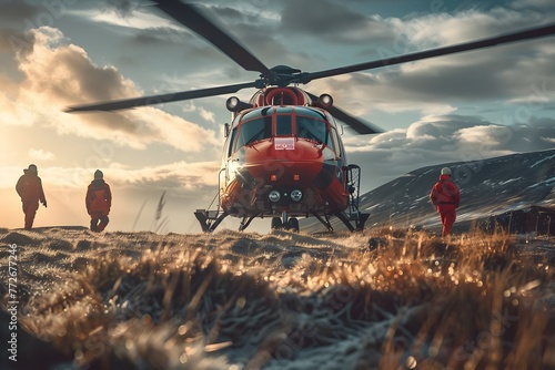 Helicopter Rescue Mission in Rugged Mountain Landscape Amid Dramatic Skies photo