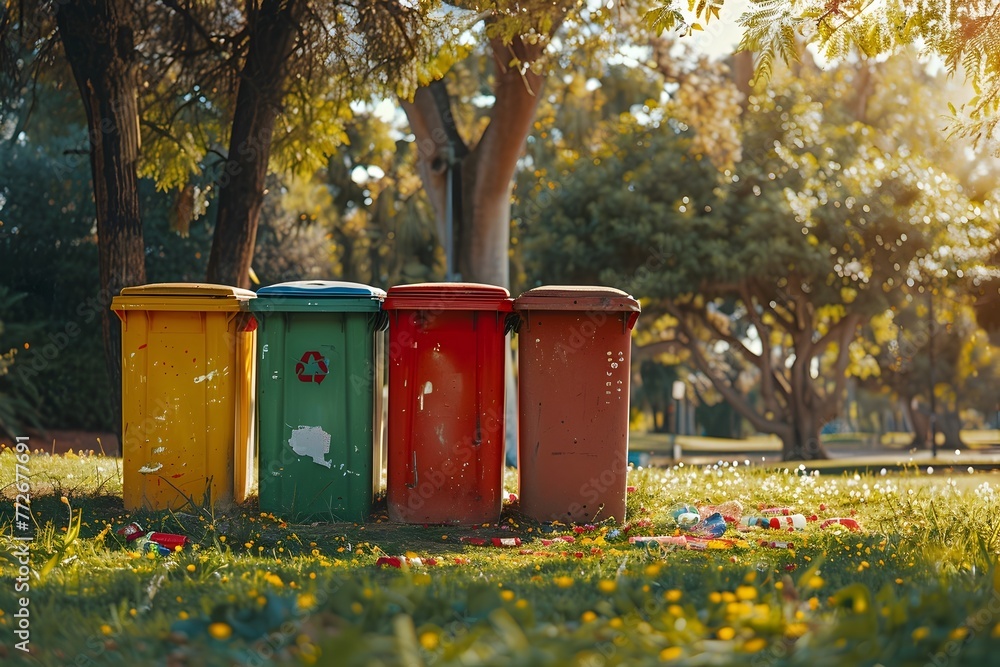 Colorful recycling bins in a lush park highlighting the importance of