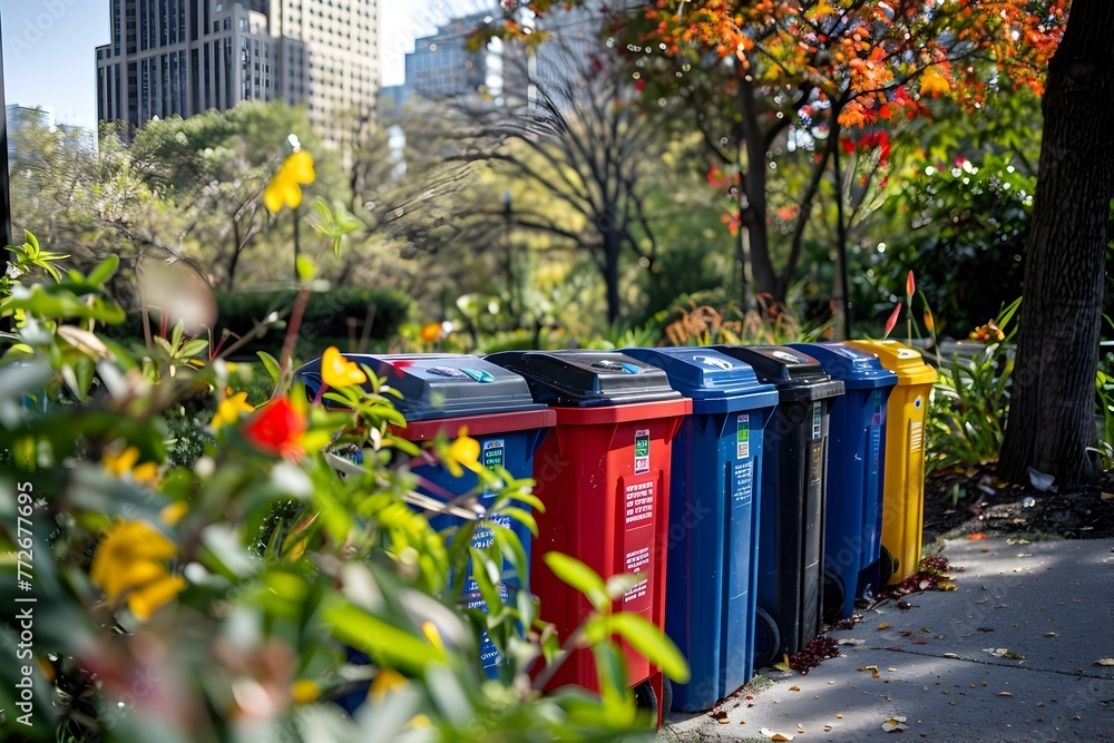 Fototapeta premium Convenient and Accessible Recycling System Integrated into Vibrant Urban Park with Seasonal Foliage
