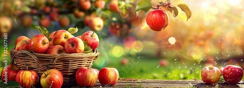 Red Apples in Basket on Table Amidst Sunny Green Orchard. Made with Generative AI Technology