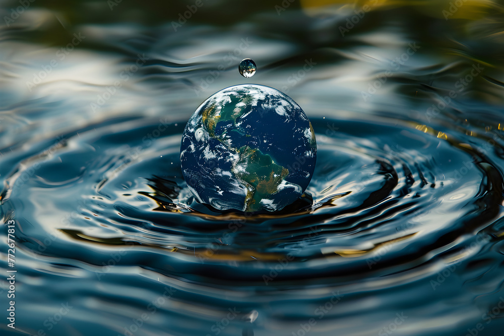 A peaceful and harmonious image of planet Earth inside a droplet of water, perfect for Earth Day celebration or environment conservation campaigns. A peaceful and harmonious image of planet Earth inside a droplet of water, perfect for Earth Day celebration or environment conservation campaigns.