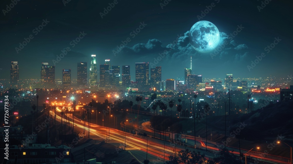 From atop the overpass the city sprawls out before you a sea of lights and motion. The moon hangs high in the sky lending a quiet tranquility to the bustling nightlife scene