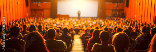 Image from behind of an audience member watching a person giving a speech on stage in a large venue.
