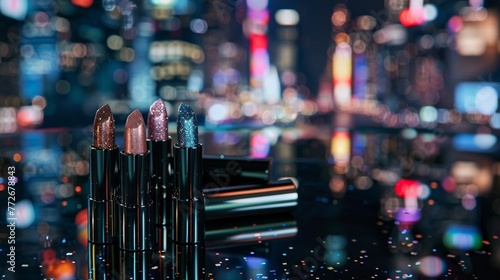 The concrete jungle comes alive with flashes of bold glittering makeup on display. Against the backdrop of the city skyline this podium . .