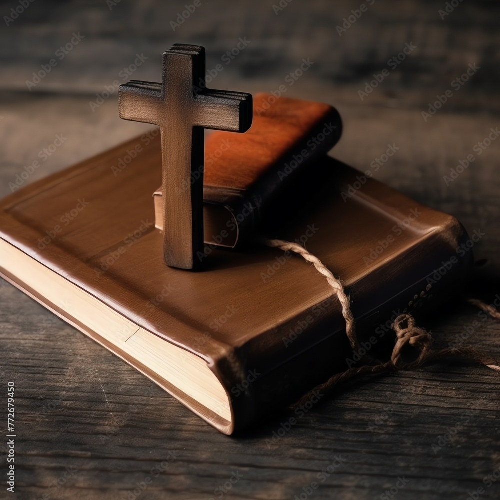 Close up of a holy bible and christian cross on wooden table. Happy good friday or religion concept