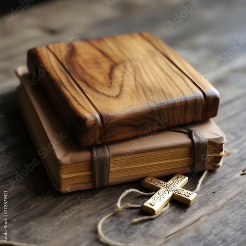 Close up of a holy bible and christian cross on wooden table. Happy good friday or religion concept