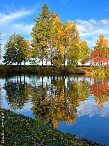 Autumn park landscape with lake and trees.