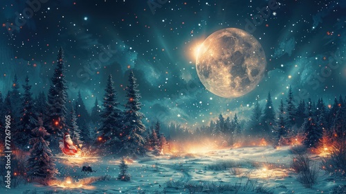 Magic and Happy New Year 2024, concept. Night forest with snow field