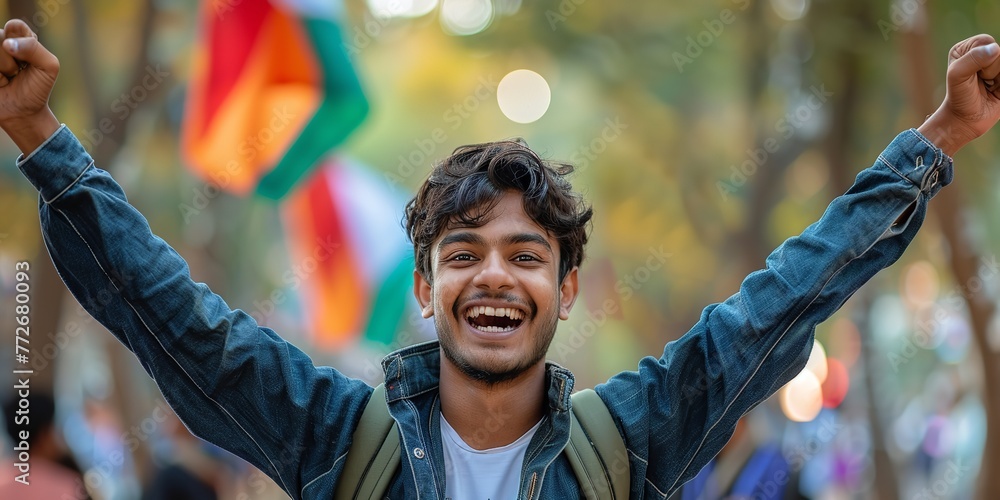 Impressive adult Indian boy, full of energy and accomplishment. Generative Ai