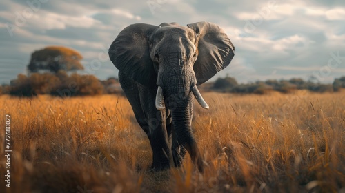 Elephant in grasslands in Africa. Low angle front view. AI Generated 