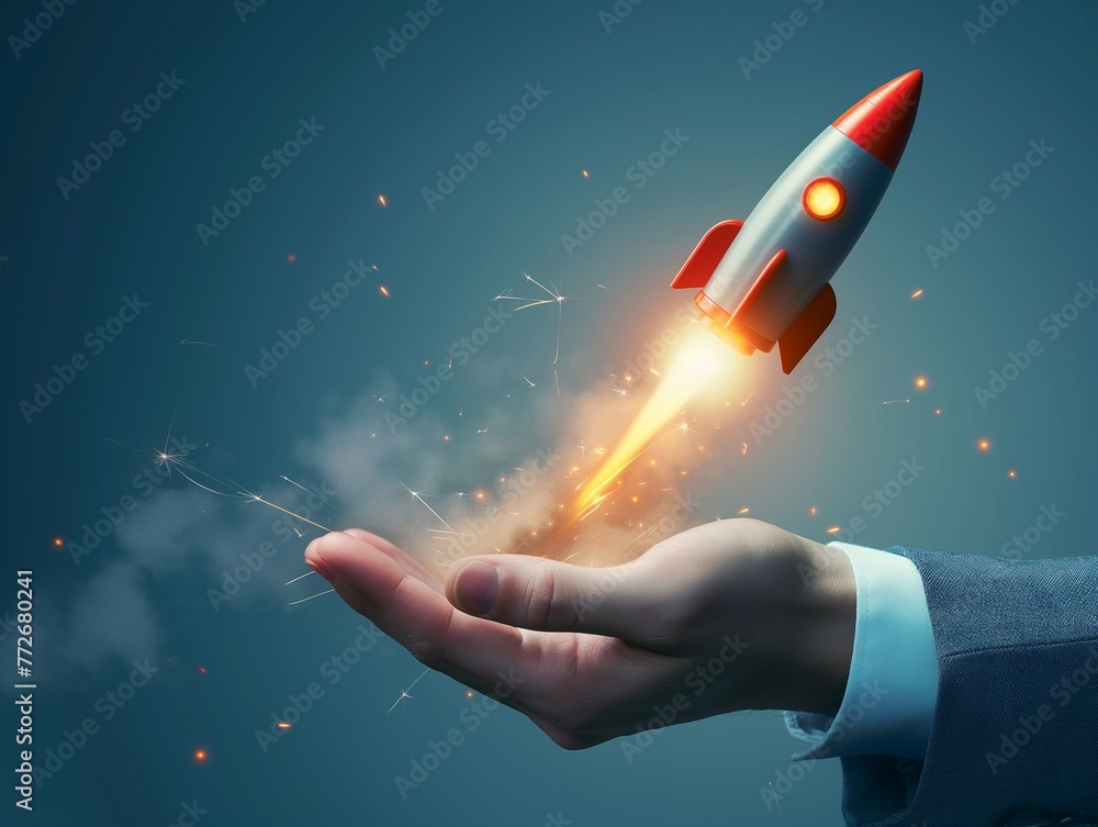 A businessman-controlled rocket is taking off and soaring through the air in support of startup business ideas, rapid business success, and business expansion.