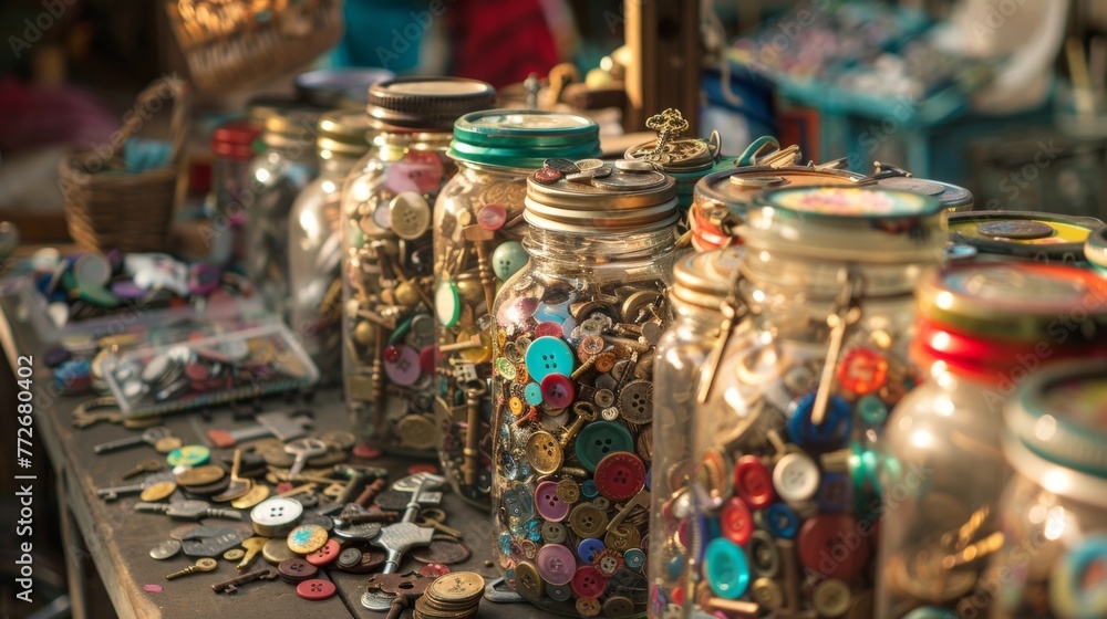 A table overflowing with jars of curious treasures old coins vintage keys colorful buttons and tiny figurines. The vendor eagerly shares stories about each items origin and