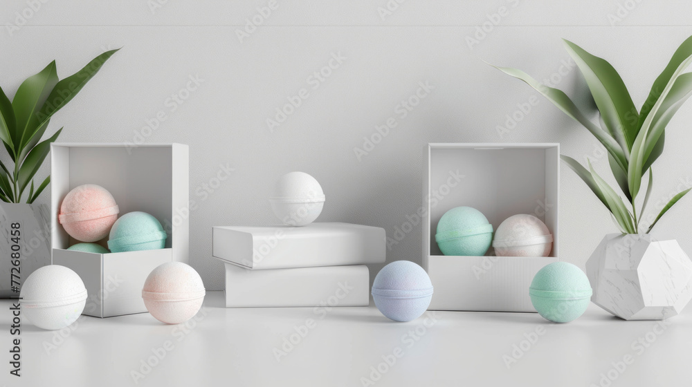 Sleek and modern visualization of bath bombs in simple settings with green plants and space for a blank label Sleek and modern visualization of bath bombs in simple settings with green plants and space for a blank label