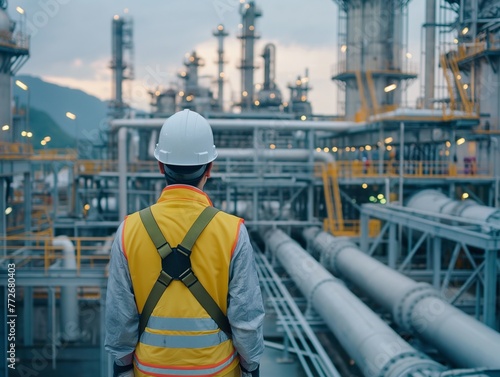 Back view of an engineer at a petroleum, chemical, and hydrogen industrial plant wearing safety gear and a hardhat. Area designated as an industrial zone.