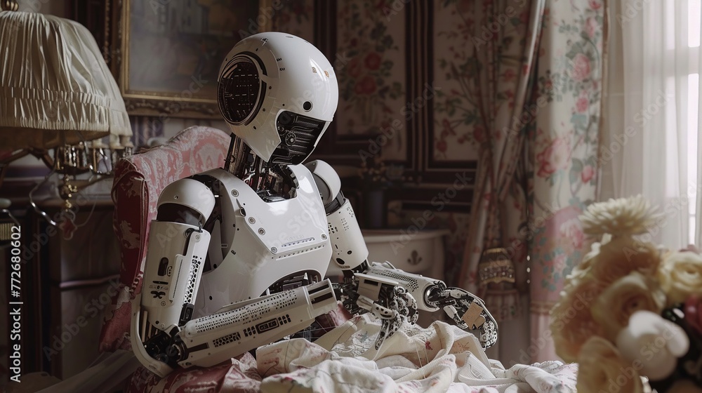 AI robot delicately stitches embroidery in a vintage-decorated room blending tradition with the future