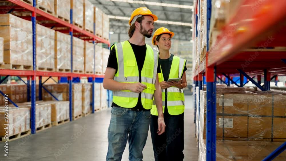 Retail Storehouse full of shelves with goods in cardboard boxes, Young man and woman warehouse worker wearing vest and helmet safety discuss product delivery Retail Storehouse full of shelves with goods in cardboard boxes, Young man and woman warehouse worker wearing vest and helmet safety discuss product delivery