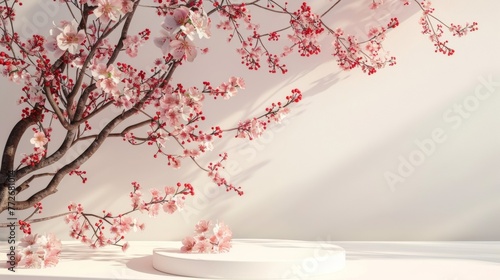 As if plucked from a tranquil Japanese garden the white podium stands adorned with delicate cherry blossom branches. The fullblown . .
