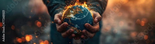 A person holding the globe in their hands the world ignites into flames