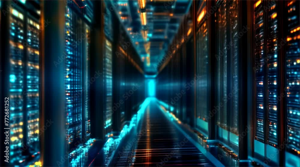 A server room corridor with racks of data center equipment illuminated by blue LED lights, highlighting modern network infrastructure.
A server room corridor with racks of data center equipment illuminated by blue LED lights, highlighting modern network infrastructure.