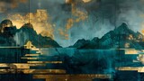 gold and green architectural landscape illustration poster background
