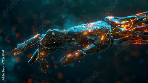 Mechanical arm presenting a glowing digital mind intricate pathways, showcasing futuristic cognition © Ziyasier