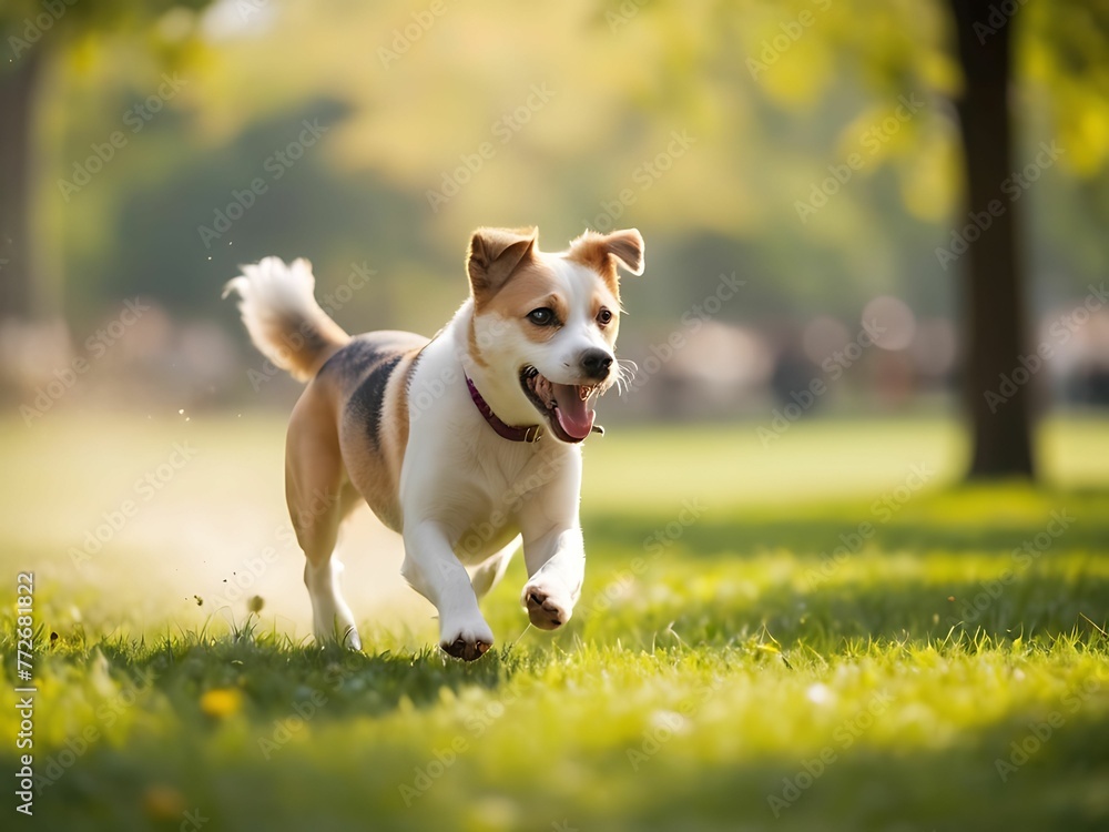 a dog is playing in the park, blurred background