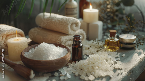 A serene and inviting spa setup including towels, candles, oils, and salts, perfect for relaxation and wellness, featuring a blank label for branding