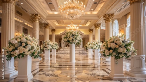 In the center of the opulent ballroom the gleaming marble podium exudes an air of sophistication and luxury. With towering chandeliers . . © Justlight