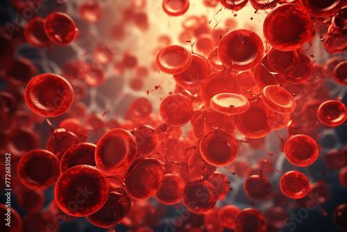 Close-up of vibrant red blood cells with detailed textures against a soft-focus background, highlighting cellular biology. Generative AI 