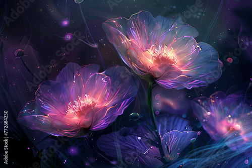 Illustration of colorful flowers glowing in the dark