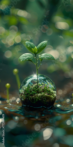 Green nature social media background with plant seed in the forest growing on the planet and water around it. Perfect for Earth Day campaigns and environmental awareness.