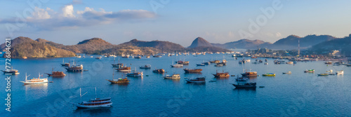 Obraz na płótnie Labuan Bajo Harbour. Where the Komodo Dragon trip begin. Labuan Bajo is a fishing town located at the western end of the large island of Flores in the Nusa Tenggara region of east Indonesia. w salonie