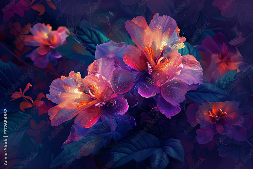 Illustration of colorful flowers glowing in the dark Illustration of colorful flowers glowing in the dark