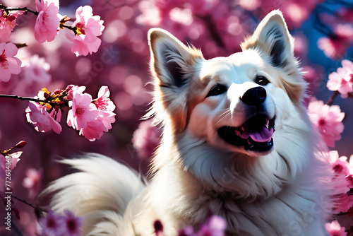 Draw a picture of a dog running around with flowers such as cherry blossoms and forsythias that are suitable for spring. Generative AI